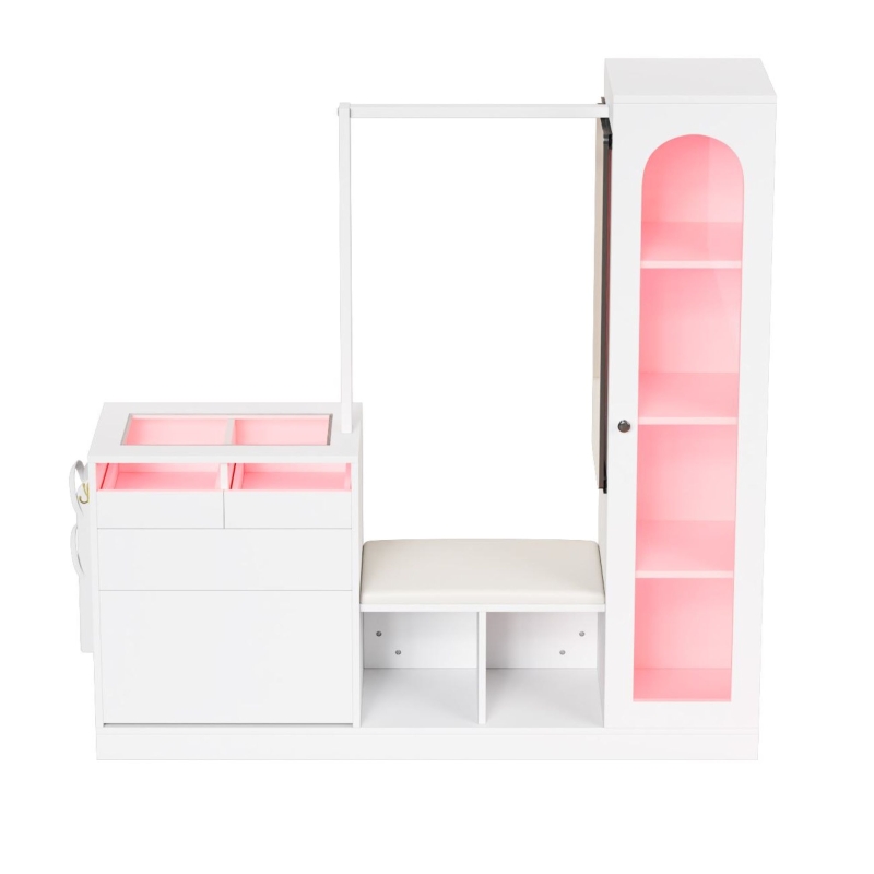 Set da Ingresso a LED con appendiabiti, tavolino, panca scarpiera e vetrina, 163x35x161 cm, Bianco