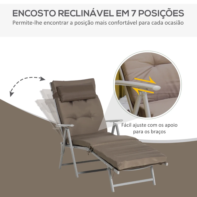 Outsunny Espreguiçadeira Dobrável de Jardim com Encosto Ajustável em 7 Posições Almofadas para Corpo Inteiro e Cabeça 137x63,5x100,5 cm Castanho