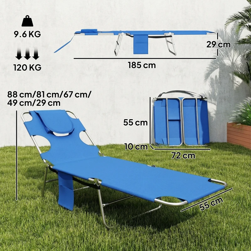 Outsunny 5-Position Adjustable Sun Loungers Set of 2 with Reading Hole and Side Pocket, Blue