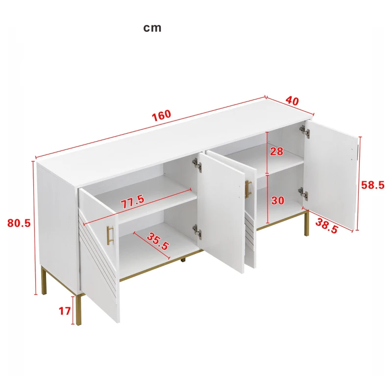 Credenza moderna con 4 ante e ripiani regolabili in altezza, in MDF, 160x40x80,5 cm, Bianco