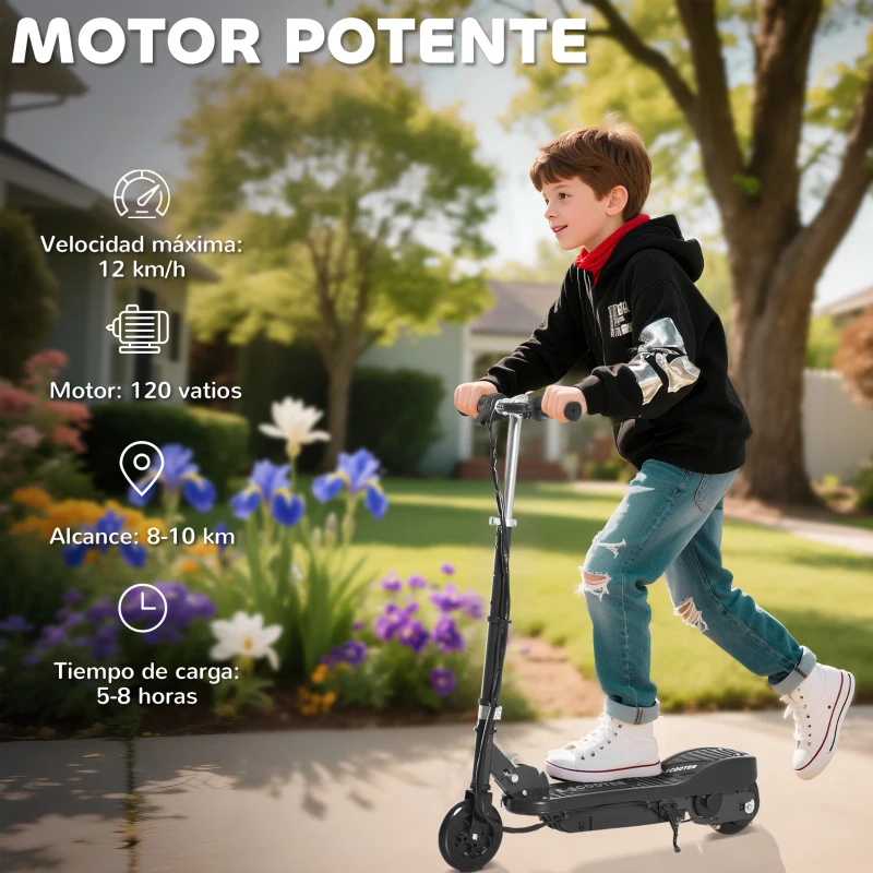 HOMCOM Patinete Eléctrico para Niños de +7 Años Scooter Plegable con Altura Ajustable Batería Recargable 24V Velocidad hasta 12 km/h y Freno Carga 50 kg 74x36x69-91 cm Negro