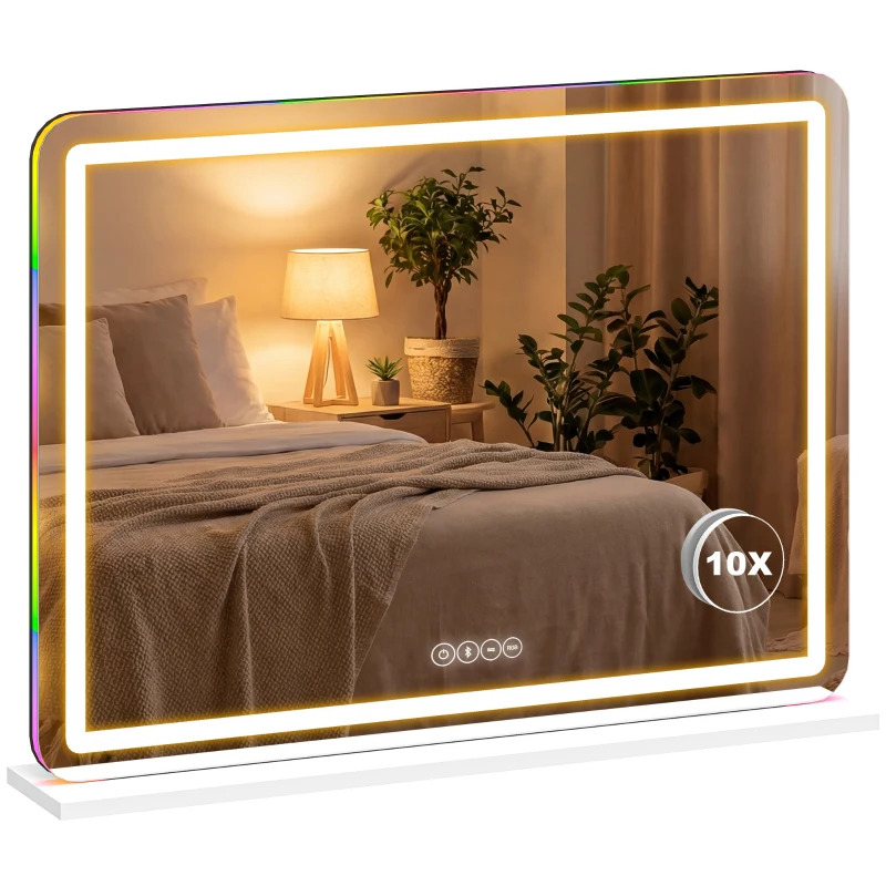 HOMCOM Beleuchteter Schminkspiegel 80x60cm, dimmbarer LED-Schminktischspiegel, RGB-Licht, 3 Farbtemperaturen, Weiß