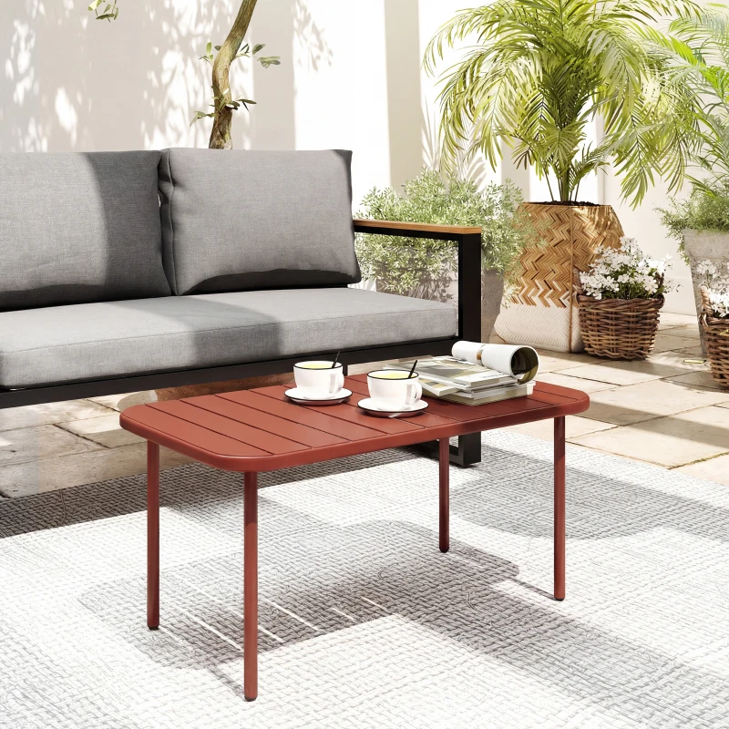 Outsunny Mesa de Centro de Jardín en Acero Galvanizado, Tapa a Lamas, Mesa Rectangular con Esquinas Redondeadas, 90x50x43cm, Rojo