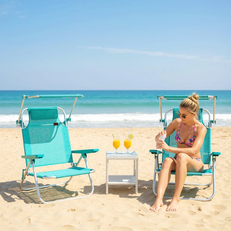 Outsunny Set di 2 Sedie da Spiaggia Pieghevoli con Tettuccio Regolabile, Schienale Reclinabile in 6 Posizioni e Poggiatesta, Turchese