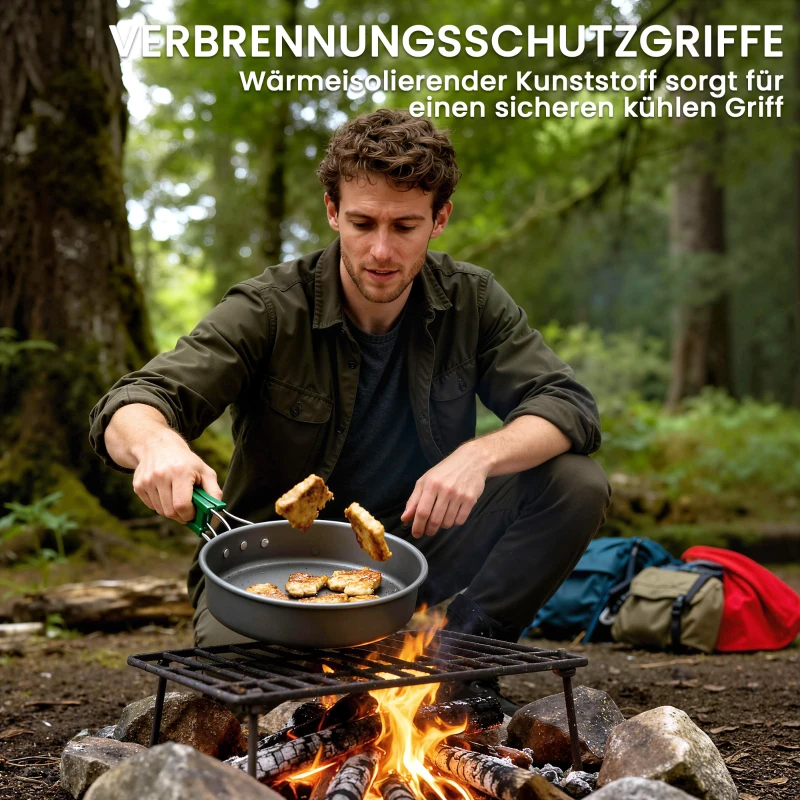 Outsunny Camping kookset 5-delig outdoor serviesset met anti-verbrandingsgrepen pan koekenpan voor 4-5 personen grijs