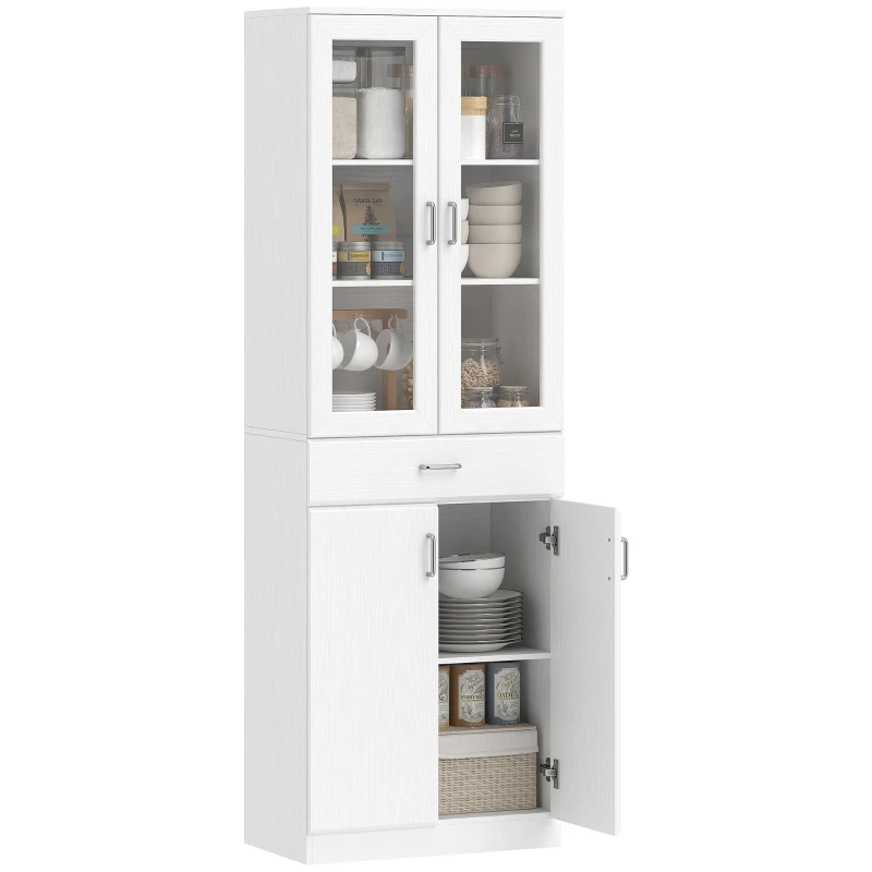HOMCOM Aparador alto de cocina, armario de cocina, 4 puertas, 2 de vidrio, cajones, estantes regulables, 60x35x180cm, blanco