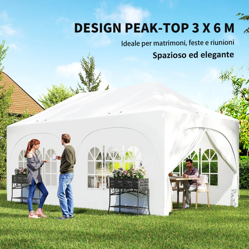 Outsunny Gazebo da Giardino Pieghevole 3x6 m con Pareti Rimovibili e Borsa di Trasporto, Bianco