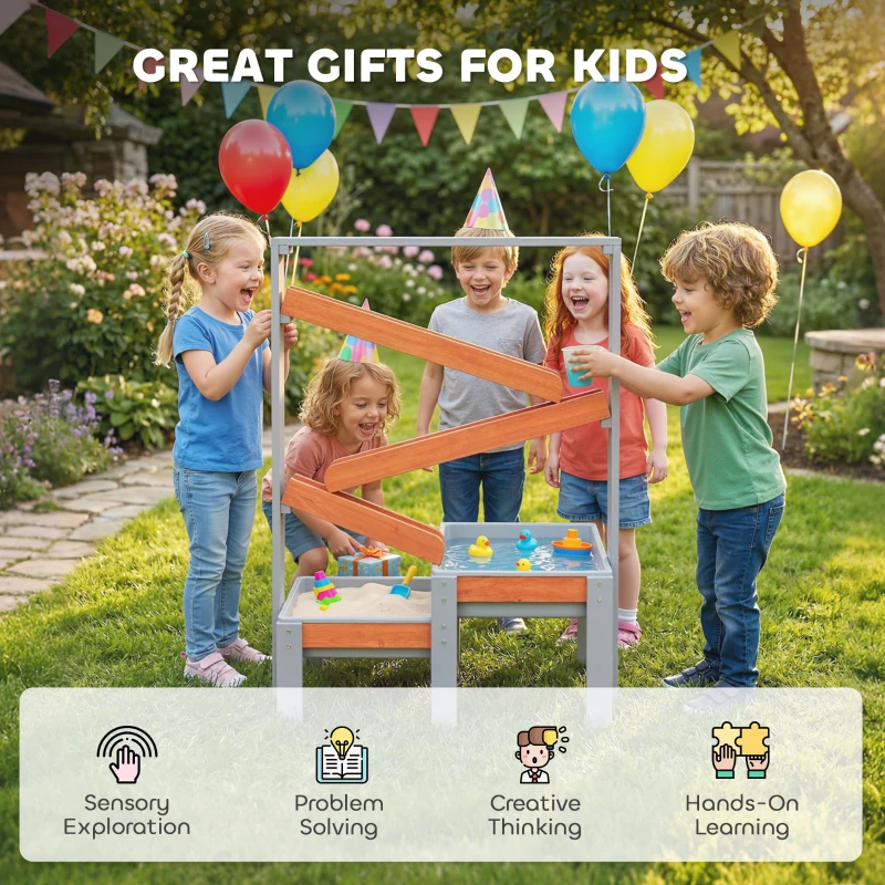 AIYAPLAY Tavolo Gioco Sabbia e Acqua per Bambini 3 a 8 Anni, Tavolo per Giochi con Scorrimento d'Acqua e 2 Vasche, in Legno, Grigio
