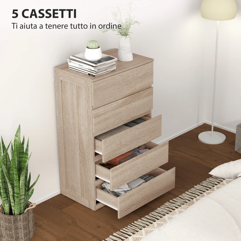 HOMCOM Cassettiera 5 Cassetti in Legno con Guide in Metallo e Maniglie Scanalate, 60x39x100 cm, color Faggio