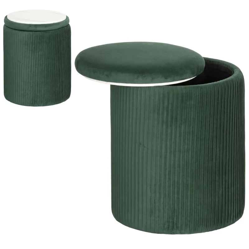 HOMCOM Storage Ottoman Modern Velvet Round Foot Stool for Living Room Bedroom 45 cm Dark Green