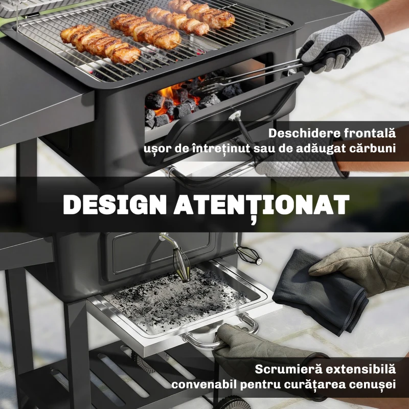 Outsunny Grătar pe Cărbune, Grătar Afumătoare cu Roți pentru Exterior, Negru