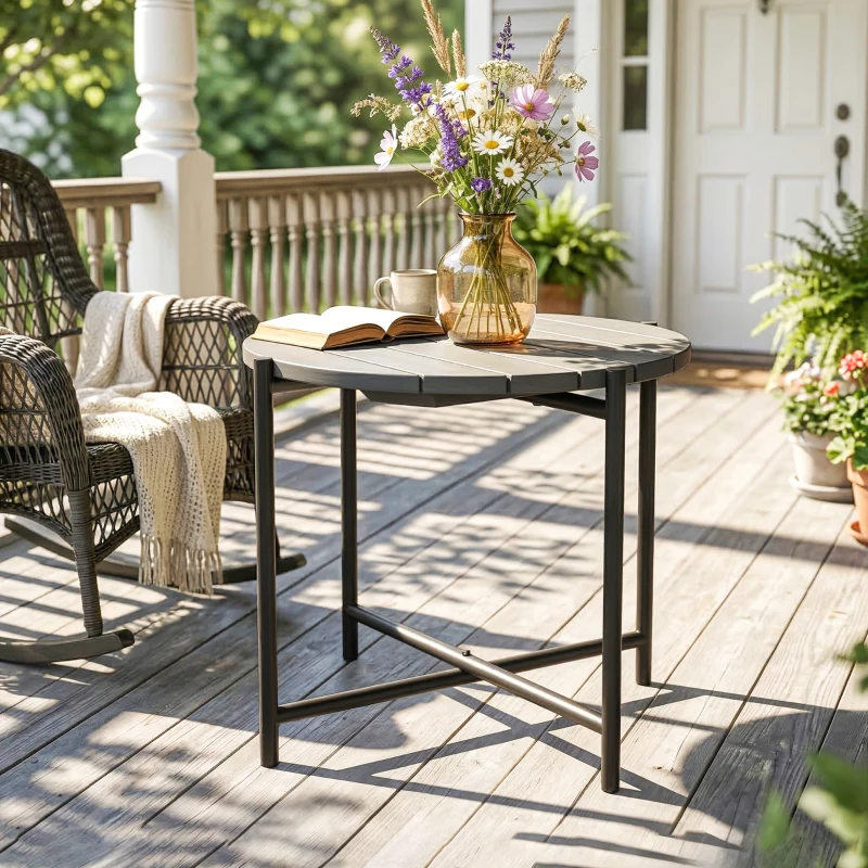 Outsunny 54 cm Round Outdoor Side Table, Industrial Small Garden Table with Slatted Wood Top and Metal Frame, Dark Grey