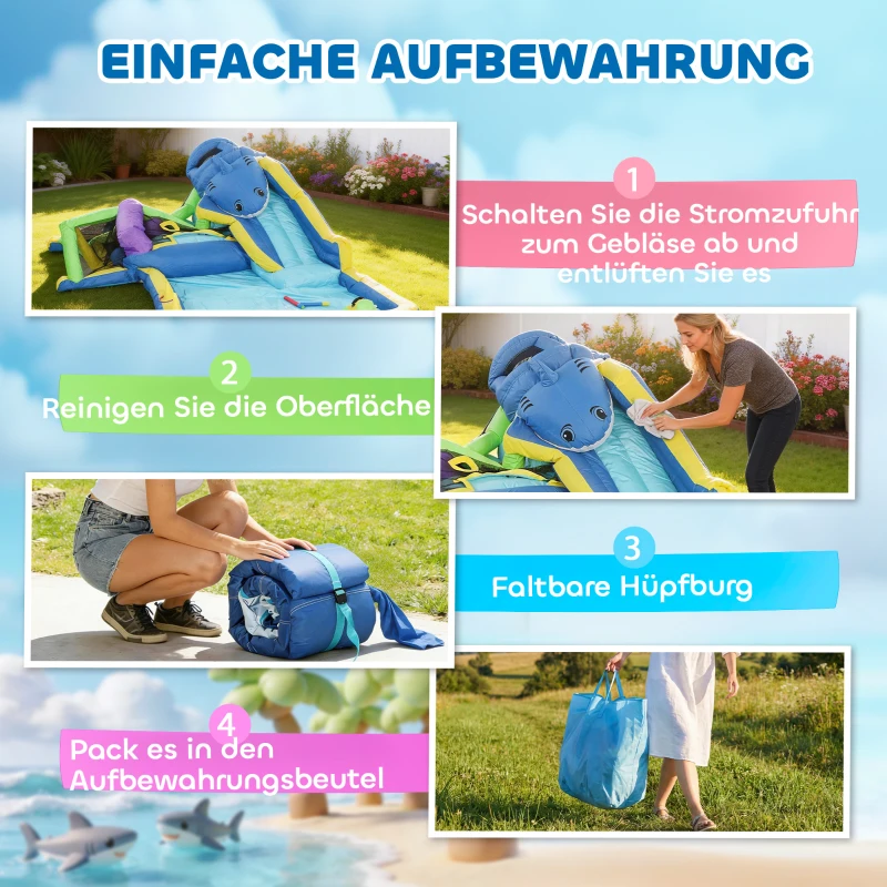 AIYAPLAY 8-in-1 aufblasbar Hüpfburg mit Hai-Design Gebläse Rutsche Planschbecken Trampolin für 3–8 Jahre 405x345x235cm Mehrfarbig