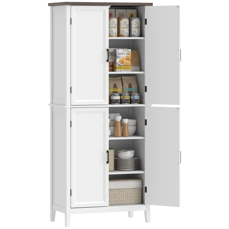 HOMCOM Credenza Alta Cucina 6 Livelli, Armadio da Cucina con 4 Ante a Spina di Pesce e 4 Ripiani Regolabili, 76x40x178,5 cm, Bianco