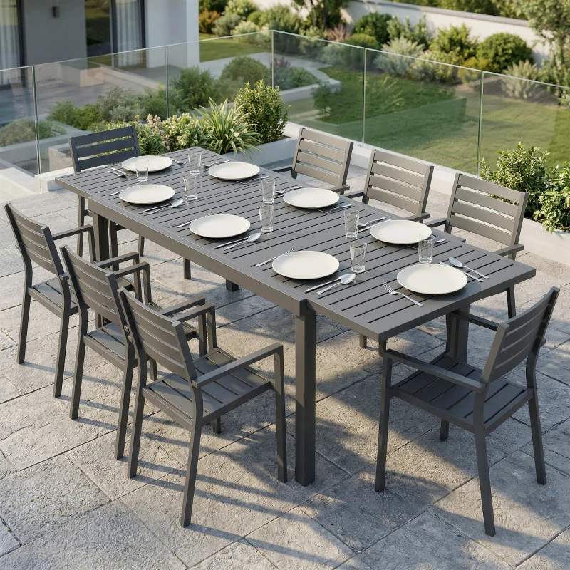 Outsunny Extending Garden Table for 6-8 People, Full Aluminium Outdoor Dining Table with Slatted Top, Dark Grey