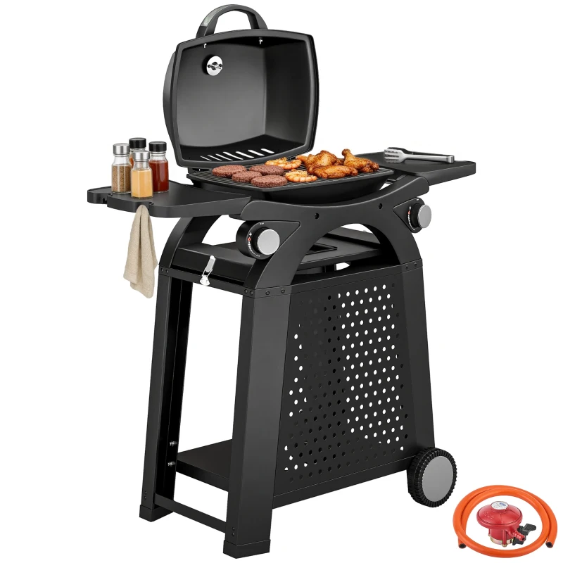 Outsunny 2 Burner Gas Grill with 2 Side Tables, 3.8 KW Barbecue Grill with Cast Iron Grates, 2-in-1 Tabletop BBQ with Wheels