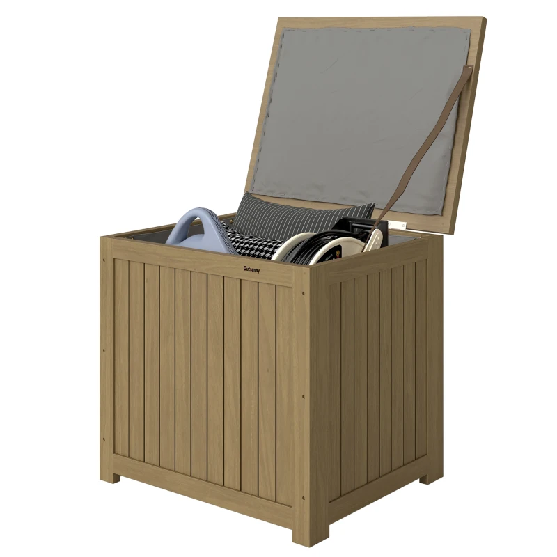 Outsunny Baú de Exterior em Madeira 130L Arca de Armazenamento com Forro Tampa Articulada e Correia 63x51x58,5 cm Castanho