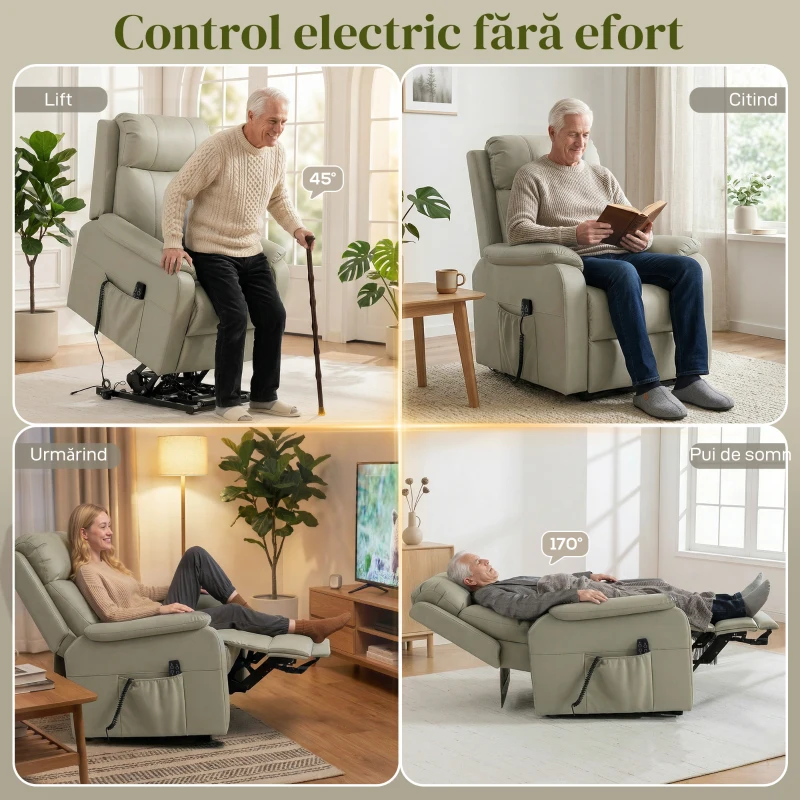 HOMCOM Fotoliu Electric cu Funcție de Ridicare Rabatabil 170° din Piele Ecologică Respirabilă cu 2 Motoare, Telecomandă, 4 Roți, Frână, Suport Picioare, Buzunare Laterale, Crem