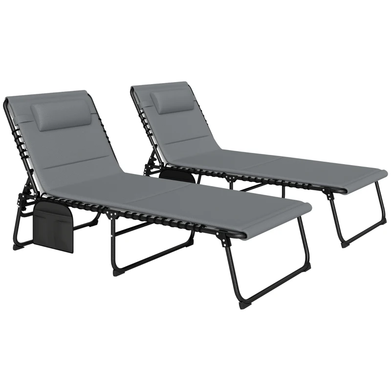 Outsunny Set de 2 tumbonas plegables, tumbona de jardín con almohada, respaldo ajustable 5 posiciones, bolsillo lateral, Gris oscuro