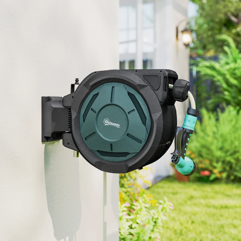 Outsunny Enrollador de Manguera de Riego Mural 25 m x Ø 15 mm Carrete Automático Retráctil Automático verde