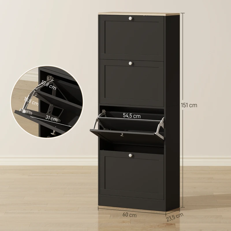 HOMCOM Scarpiera 24 paia con 4 cassetti ribaltabili e ripiani regolabili, 60x23,5x151 cm, Nero