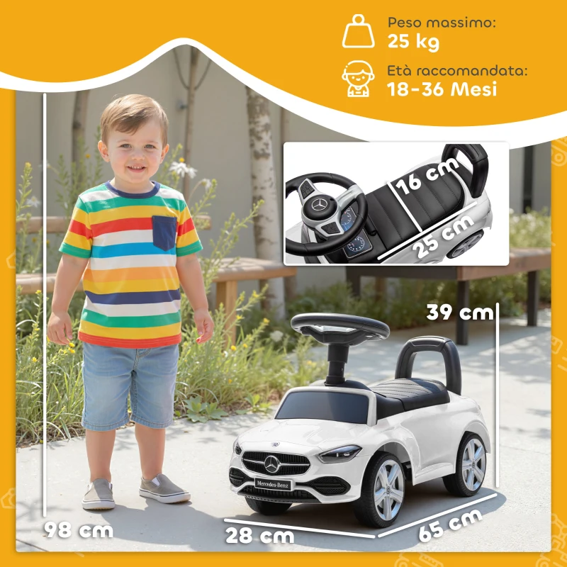 AIYAPLAY Macchina per Bambini Licenza Mercedes Benz con Clacson e Spazio Portaoggetti, 65x28x39 cm, Bianco
