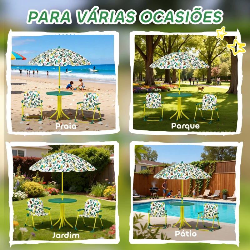 AIYAPLAY Conjunto Infantil de Mesa e Cadeiras de Jardim de 4 Peças Cadeiras Dobráveis Chapéu de Sol Desmontável Design de Selva Verde