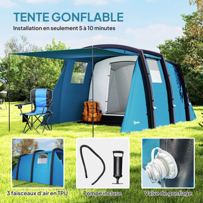 Outsunny Tente de camping Gonflable tente Gonflable tunnel 3-6 Personnes chambre à coucher, salon porche 420 x 200 x 150 cm Bleu
