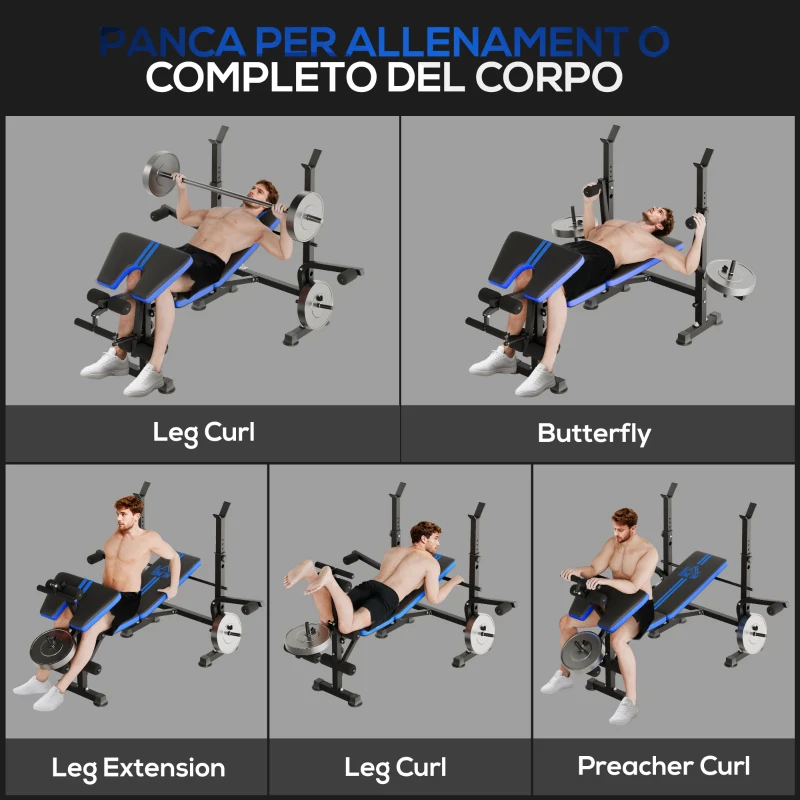 HOMCOM Panca Multiuso con Supporto Bilanciere e Schienale Regolabile, in Acciaio e Plastica, 175x139x127 cm, Nero e Blu