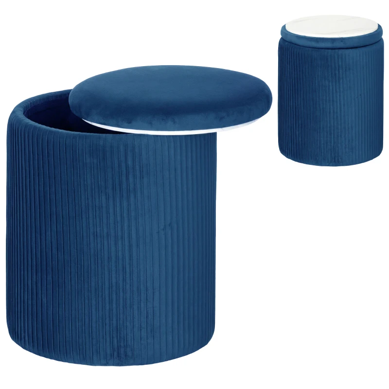 HOMCOM Storage Ottoman Modern Velvet Round Foot Stool for Living Room Bedroom 45 cm Blue