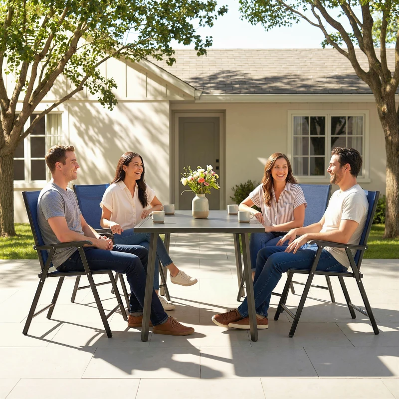 Outsunny Folding Garden Chairs Set of 4, Foldable Garden Dining Chairs with High Back, Armrests, Texteline Seat, Navy Blue