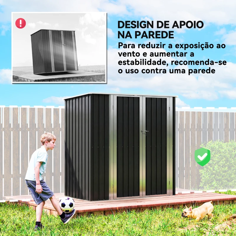 Outsunny Abrigo de Jardim Exterior Metálico 1,37 m² 163x89x163 cm com Telhado Inclinado, Portas com Fecho e Luvas Cinzento