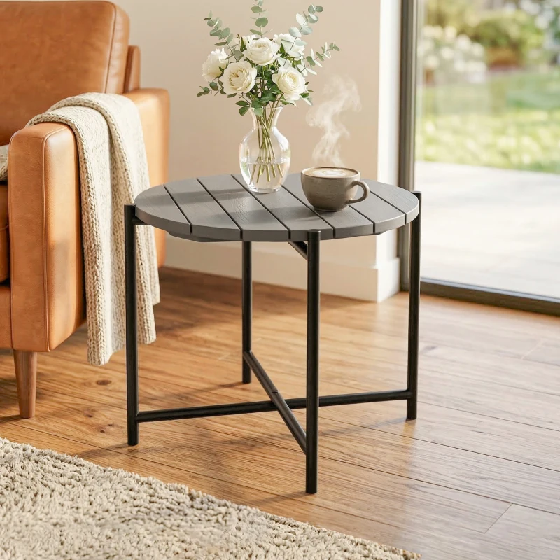 Outsunny 54 cm Round Outdoor Side Table, Industrial Small Garden Table with Slatted Wood Top and Metal Frame, Dark Grey