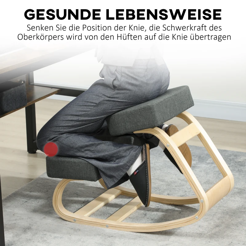 Vinsetto Kniestuhl, ergonomischer Sitzhocker, Polsterhocker für gesunde Sitzhaltung, Birkenholz, 120 kg belastbar, Dunkelgrau