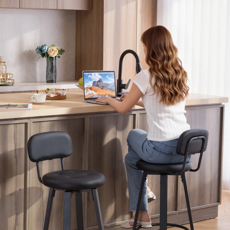 HOMCOM Set de 2 taburetes de bar, tapizado de cuero sintético, asiento acolchado, reposapiés, respaldo, estructura metálica, Negro