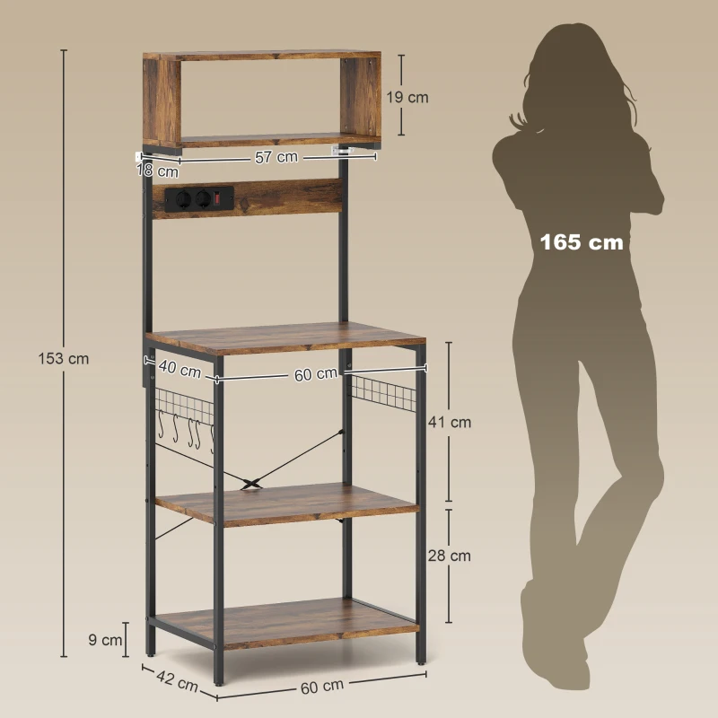 HOMCOM Estantería de cocina, estantería de pie con 5 ganchos en S, 5 estantes, enchufe, de acero, Marrón-rústico, 60 x 42 x 153 cm