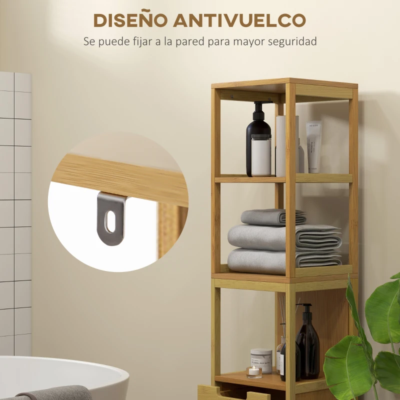 kleankin Armario Alto para Baño con 3 Estantes y 2 Cajones de Bambú Estilo Moderno 30x30x144,3 cm Natural