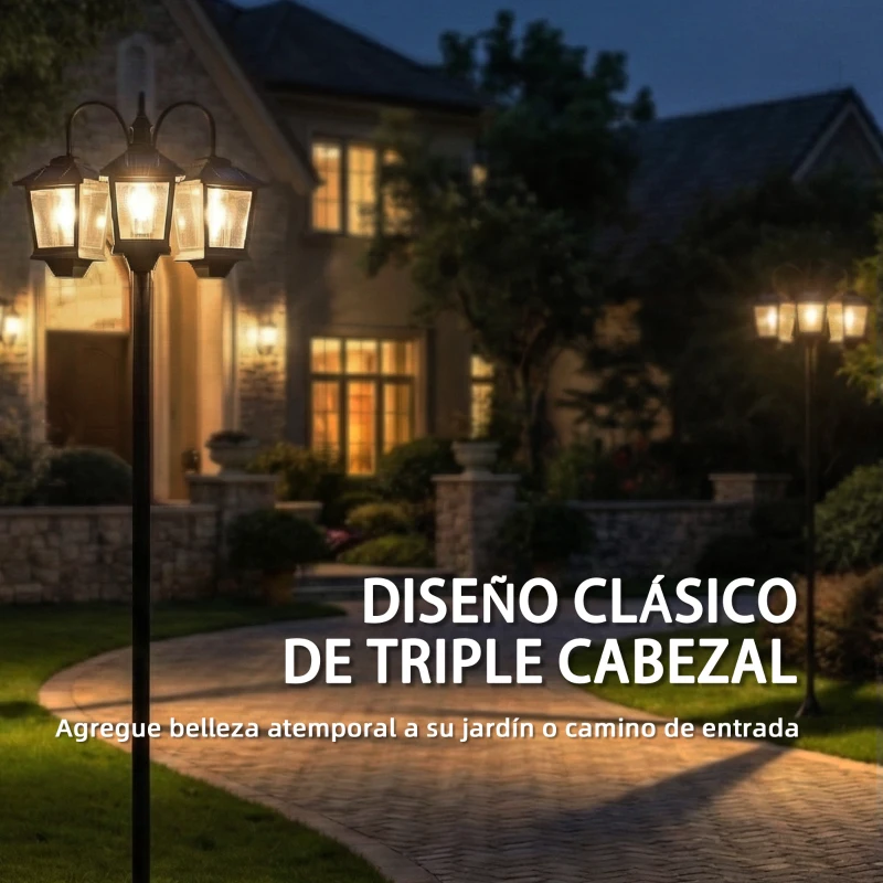 Outsunny Farola Solar Exterior de Jardín de Aluminio con 3 Cabezales con Encendido/Apagado Automático IP44 40x34,5x188 cm Negro