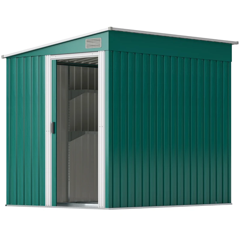 Outsunny Cobertizo para Herramientas en Metal 1.5x2m con Base, Puerta Corredera y Techo Inclinado, Verde