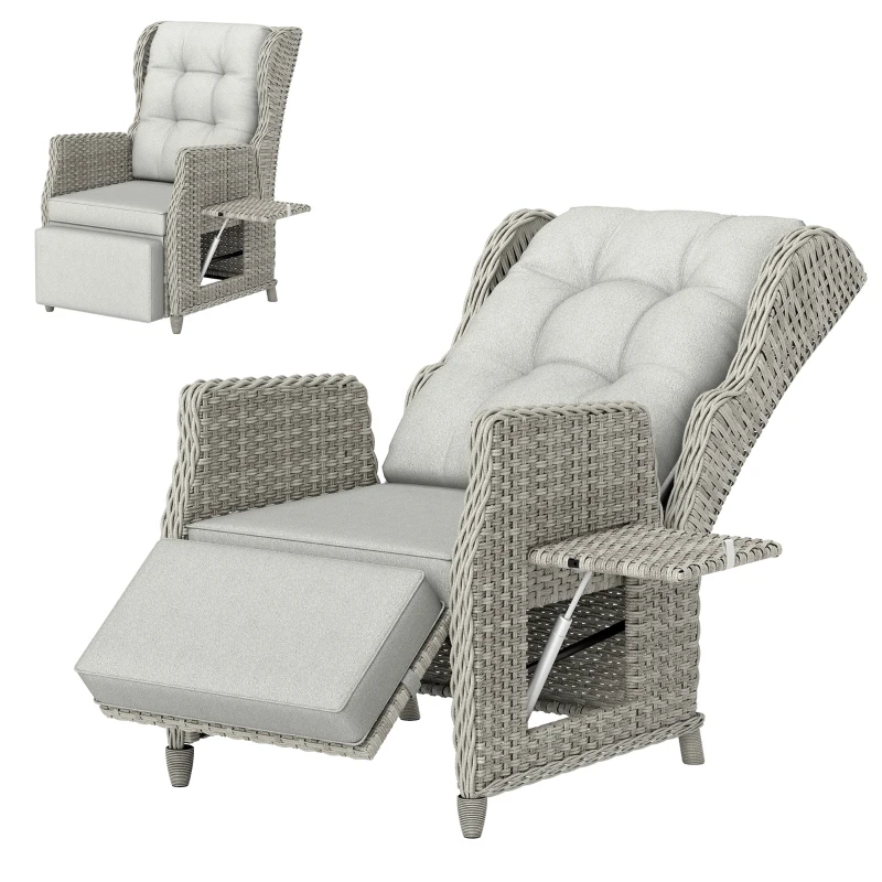 Outsunny Rattan Garden Recliner Chair, Reclining Garden Chair with Adjustable Back and Footrest, Flip Table, Cushion, Light Grey