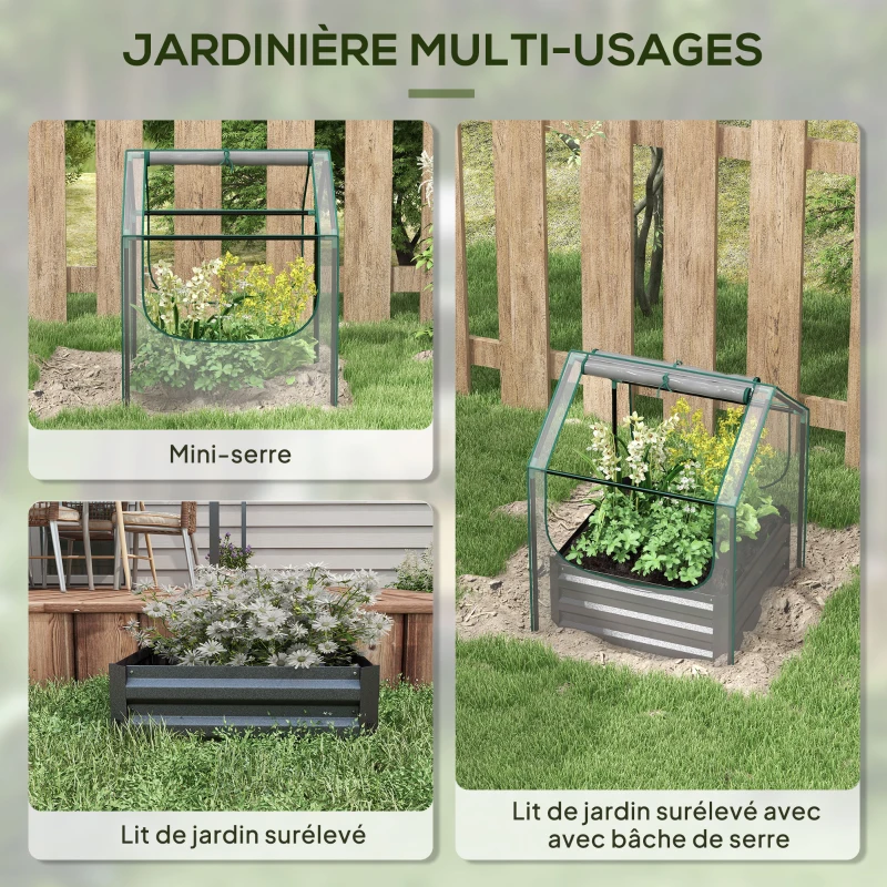 Outsunny Carré potager de jardin avec mini serre, jardinière surélevée en acier galvanisé, 70 x 70 x 90 cm, gris foncé