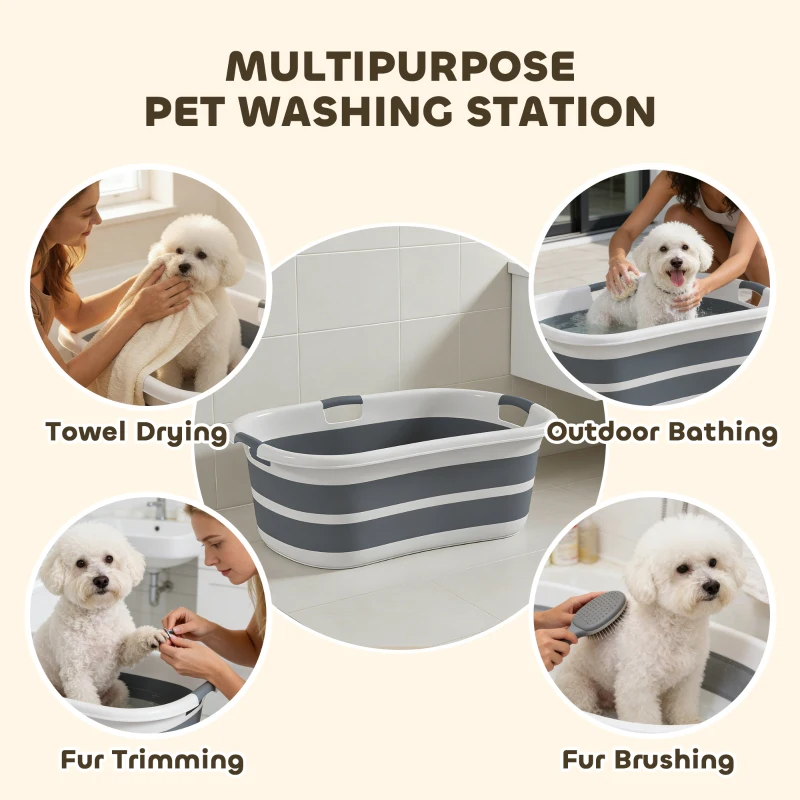 PawHut Dog Bath Tub, Portable Foldable Dog Bathtub with Drainage Hole, for Small Dogs Puppies Grey