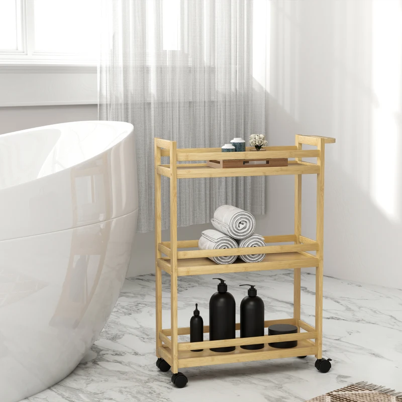 HOMCOM Carrello Portaoggetti per Bagno a 3 Livelli in Bambù, 55x20x75 cm, color Legno