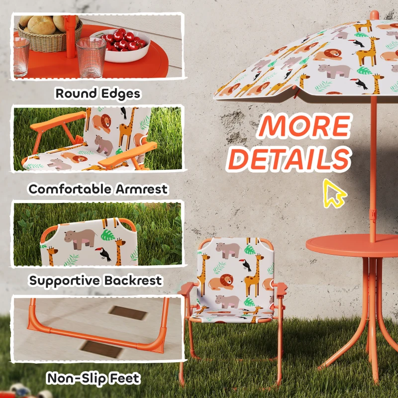 AIYAPLAY Kids Patio Set, Children Table and Chair Set, Outdoor Picnic Table with 2 Folding Chairs and Umbrella, Orange