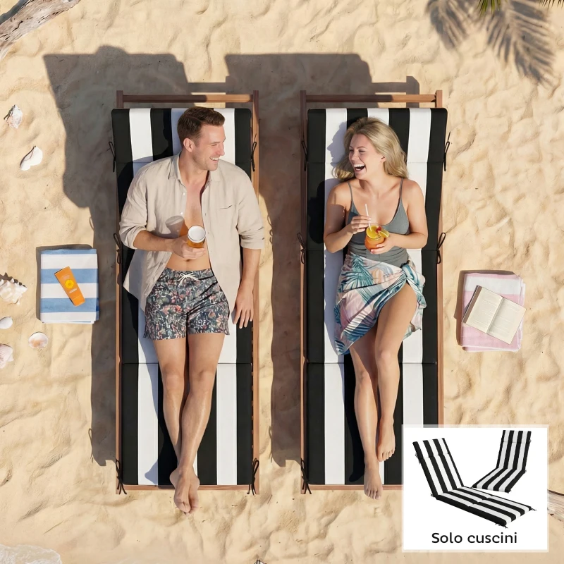 Outsunny Set 2 Cuscini per Sedie da Esterno con 6 Lacci di Fissaggio, in Cotone, 183x54x6.5 cm, Nero e Bianco