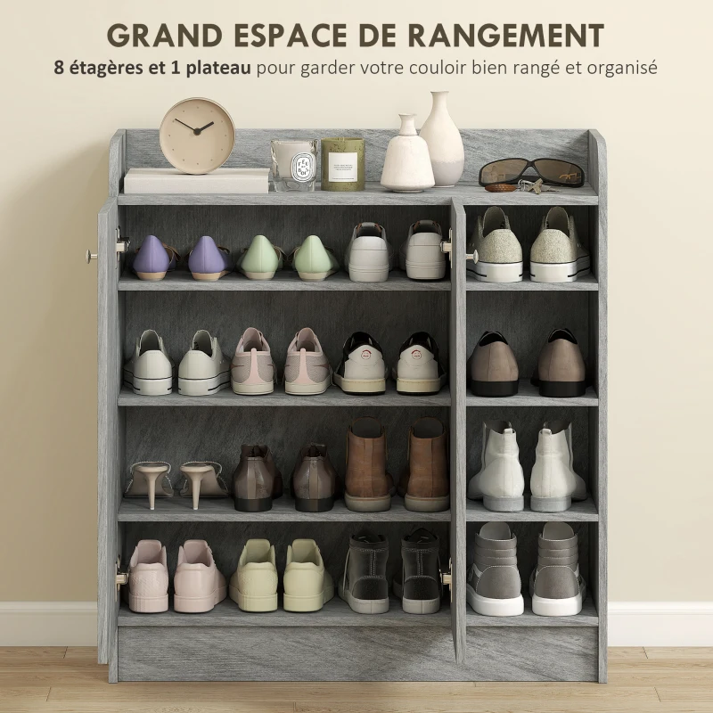 HOMCOM Meuble de rangement à chaussures pour entrée avec 4 compartiments ouverts et placard double porte - étagère réglable