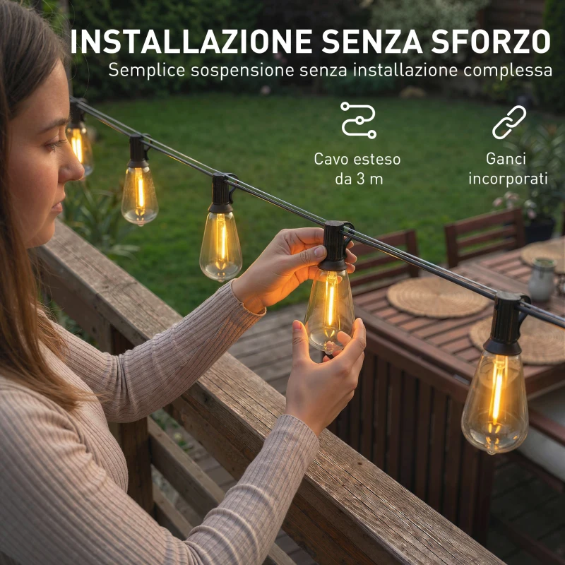 HOMCOM Catena Luminosa da Esterno con 50 Luci LED IP44, in PET e Plastica, 1800x3.8x9 cm, Nero e Trasparente