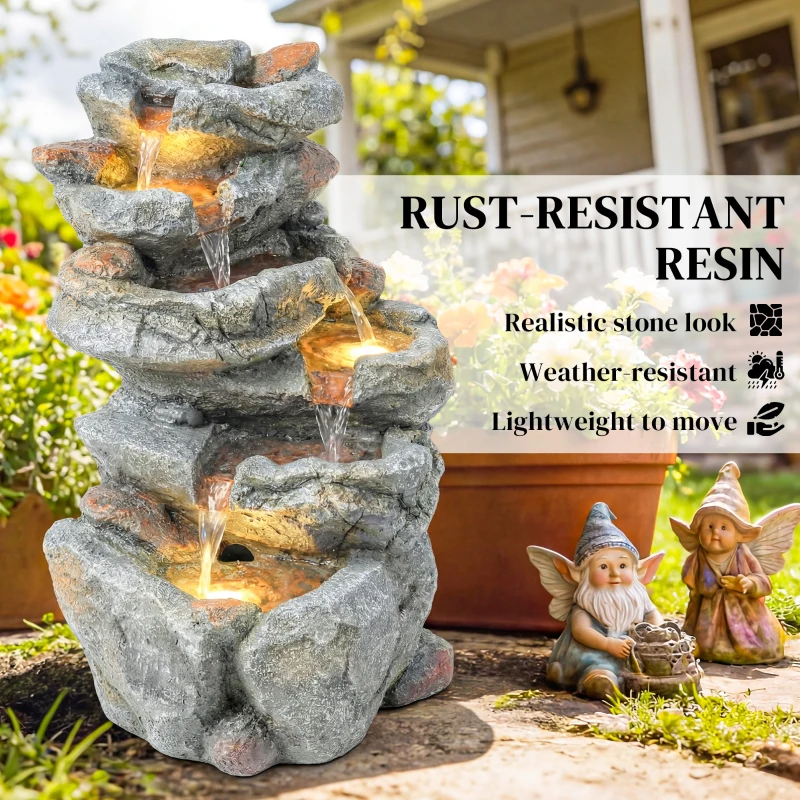 Outsunny Outdoor Water Fountain with 6-Tier Rock Style, Cascading Waterfall Feature with LED Lights, Adjustable Flow, Grey