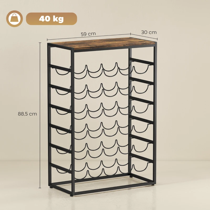 HOMCOM Garrafeira para 30 Garrafas de 6 Níveis com Superfície de Madeira Estilo Industrial 59x30x88,5 cm Castanho Rústico