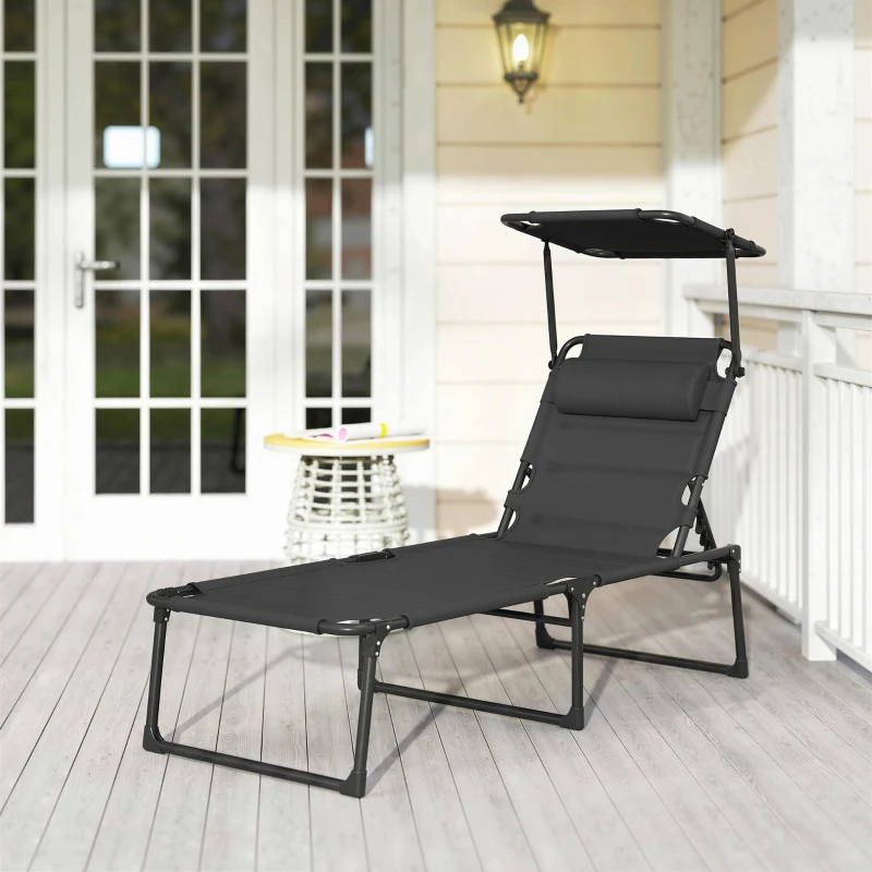 Outsunny Lettino pieghevole con parasole e poggiatesta, 70x200x45 cm, Nero